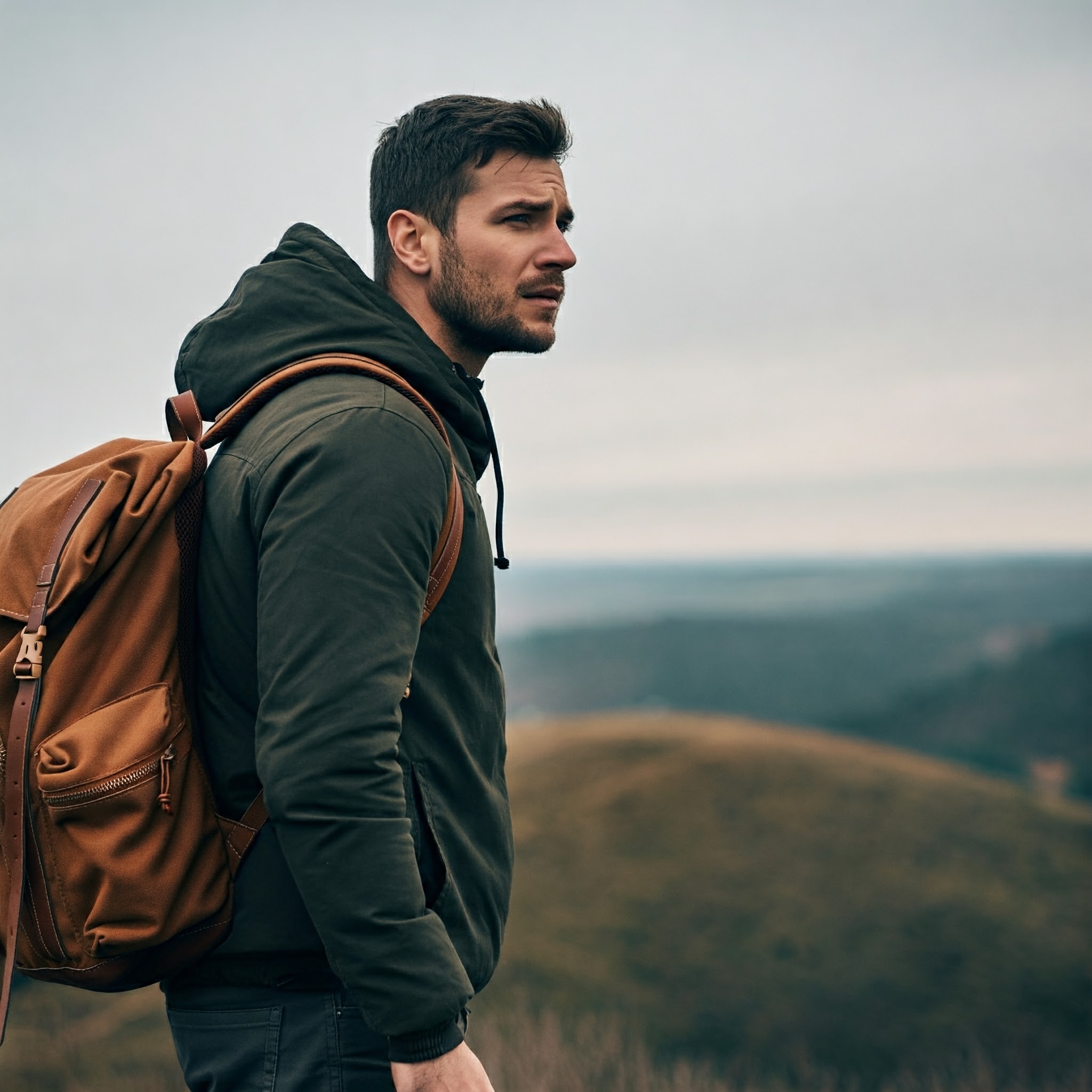 A picture of a man with a rucksack at the top of a hill.