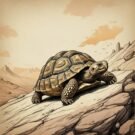 A tortoise is pictured on a barren landscape which might well be in outer space.