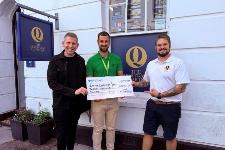 Left to right: James Miles (Director & Mortgage Adviser, The Mortgage Quarter), Gary Moore (Head of Charity Operations, Exeter Leukaemia Fund), Michael Tilston (Director & Mortgage Adviser, The Mortgage Quarter)
